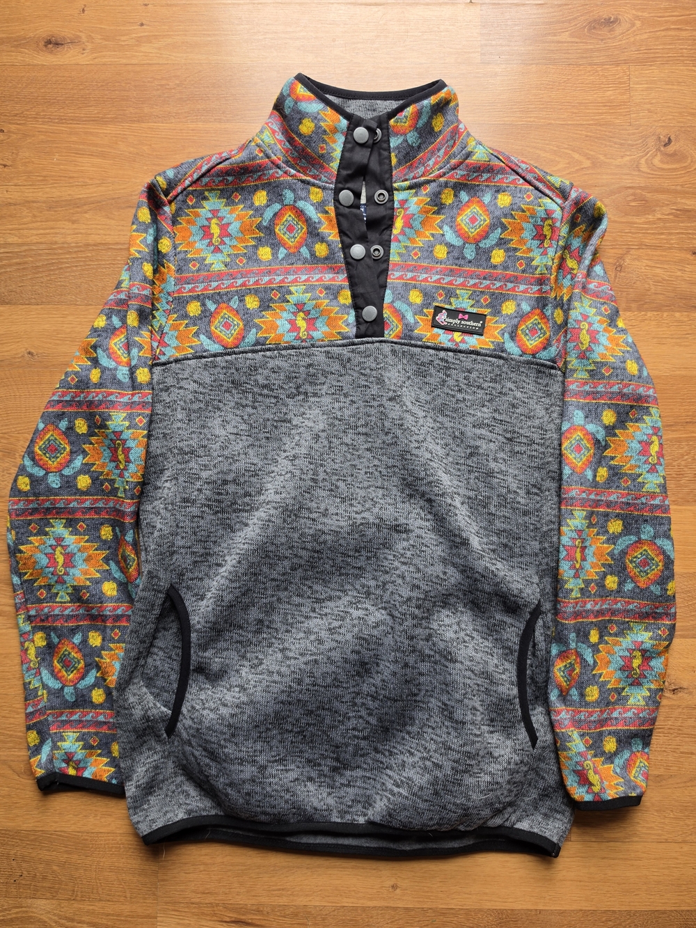 Simply Southern Gray Fleece Snap Pullover with Colorful Aztec Yoke